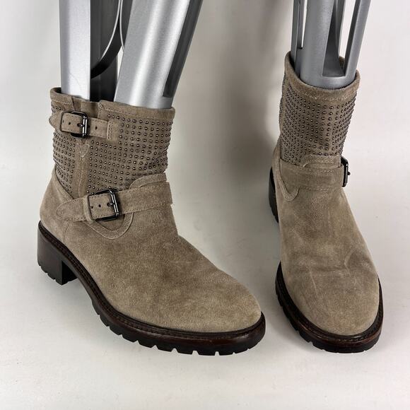 Coach Gates women's size 7.5 grey taupe suede bronze stud ankle moto booties - Picture 1 of 11
